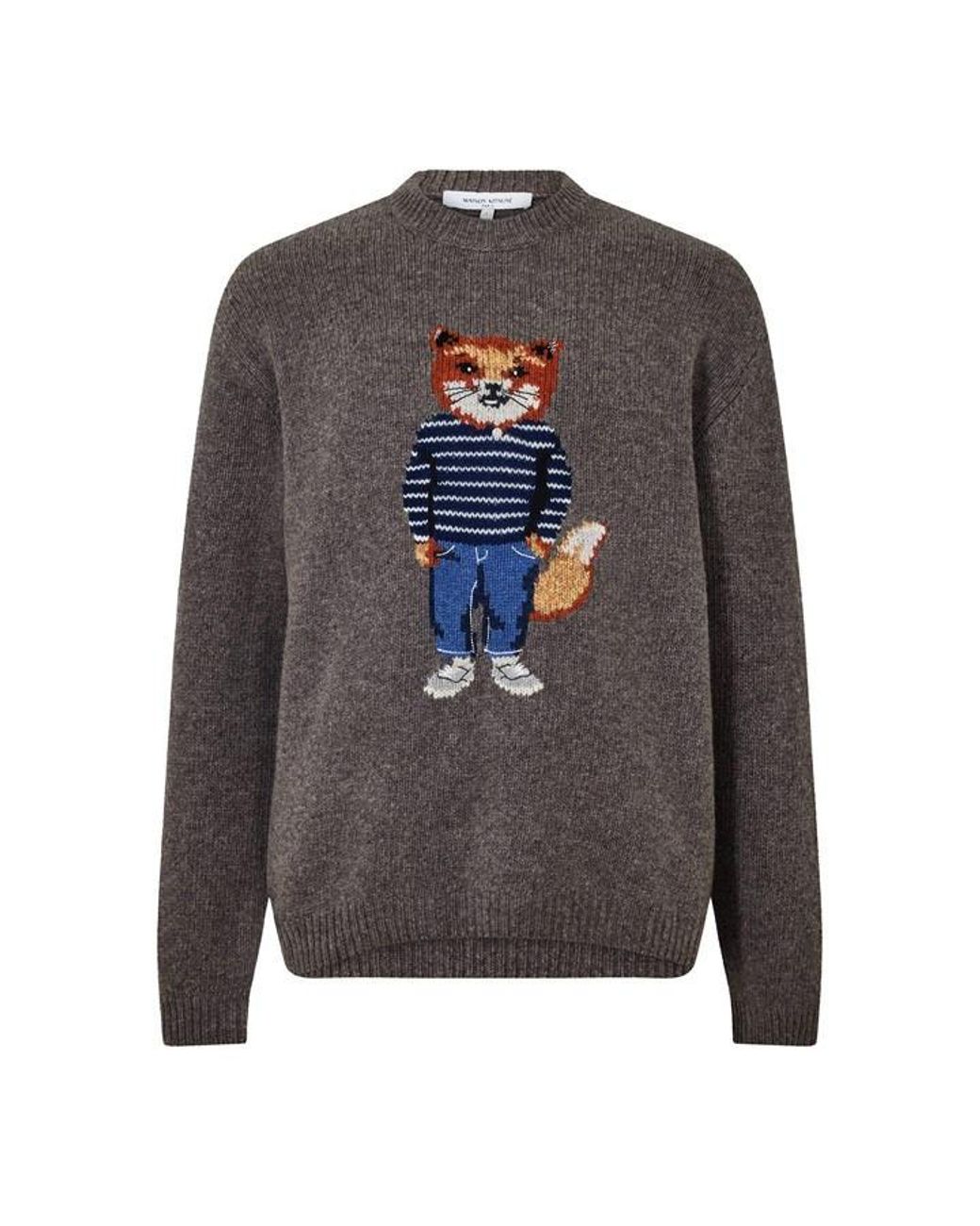 Maison Kitsuné Gray Dressed Fox Intarsia Wool Crew Neck Jumper for men