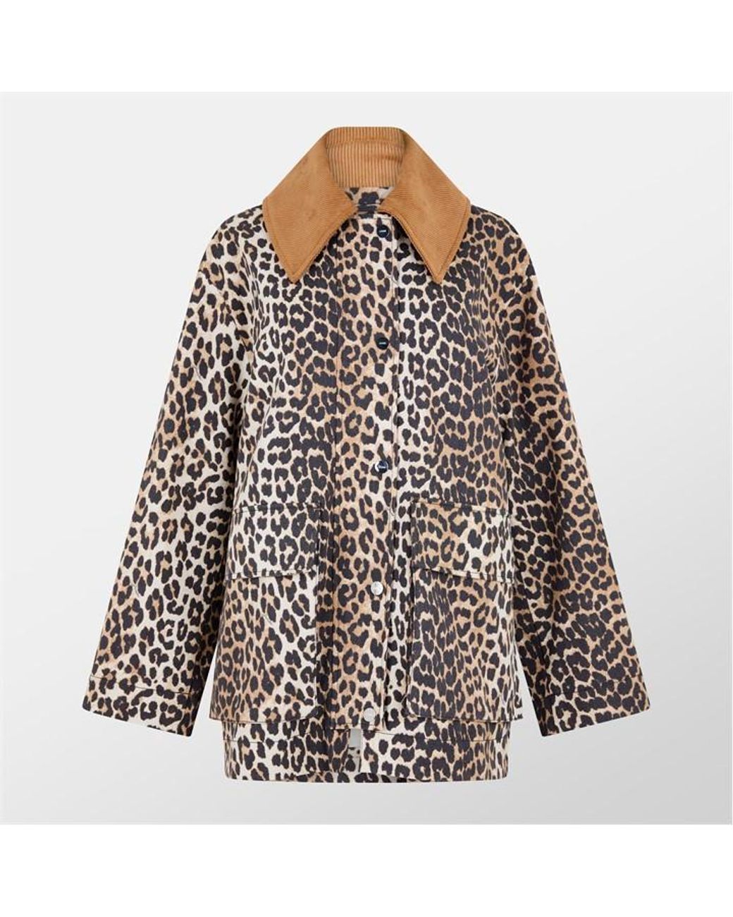Ganni Black Leopard Printed Canvas Midi Jacket