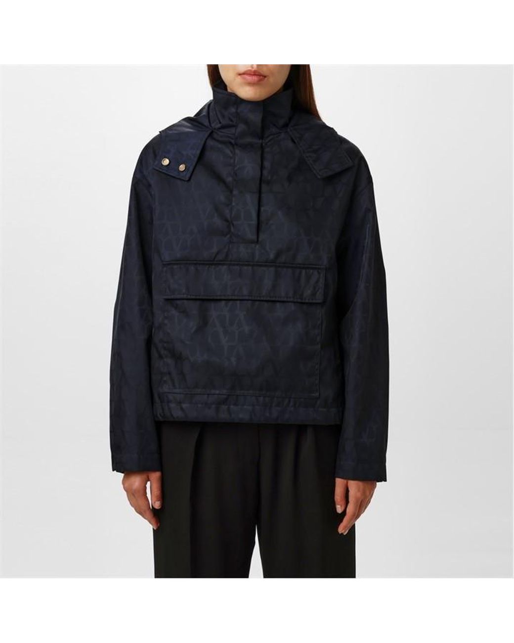 Valentino Blue Jacquard Hooded Long Sleeve Rain Anorak