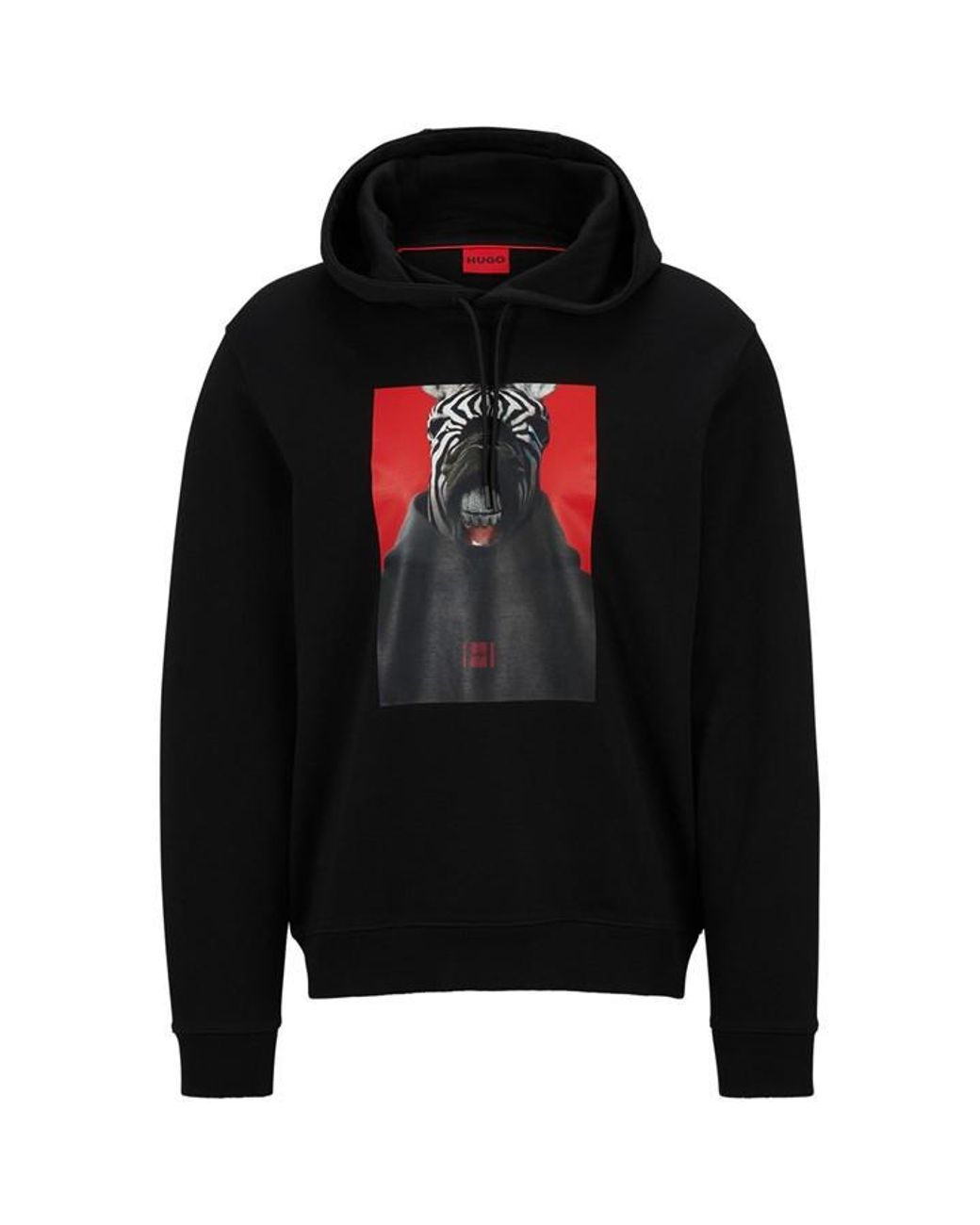 HUGO Black Graphic-print Hoodie In French-terry Cotton for men