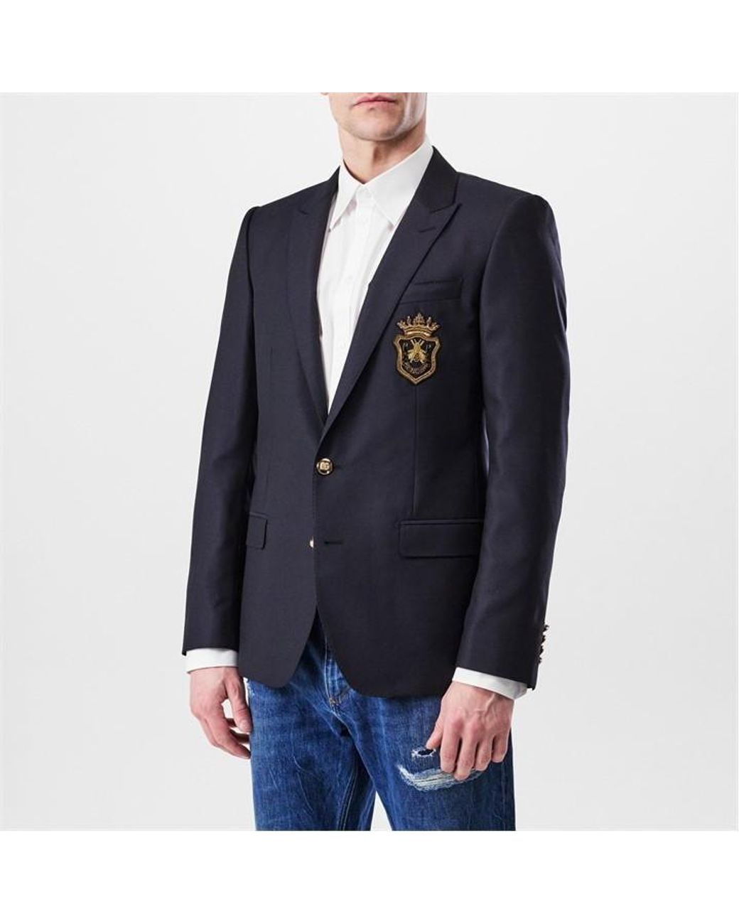 Dolce & Gabbana Blue Crest Appliquv Single Breasted Wool Long Sleeve Blazer for men