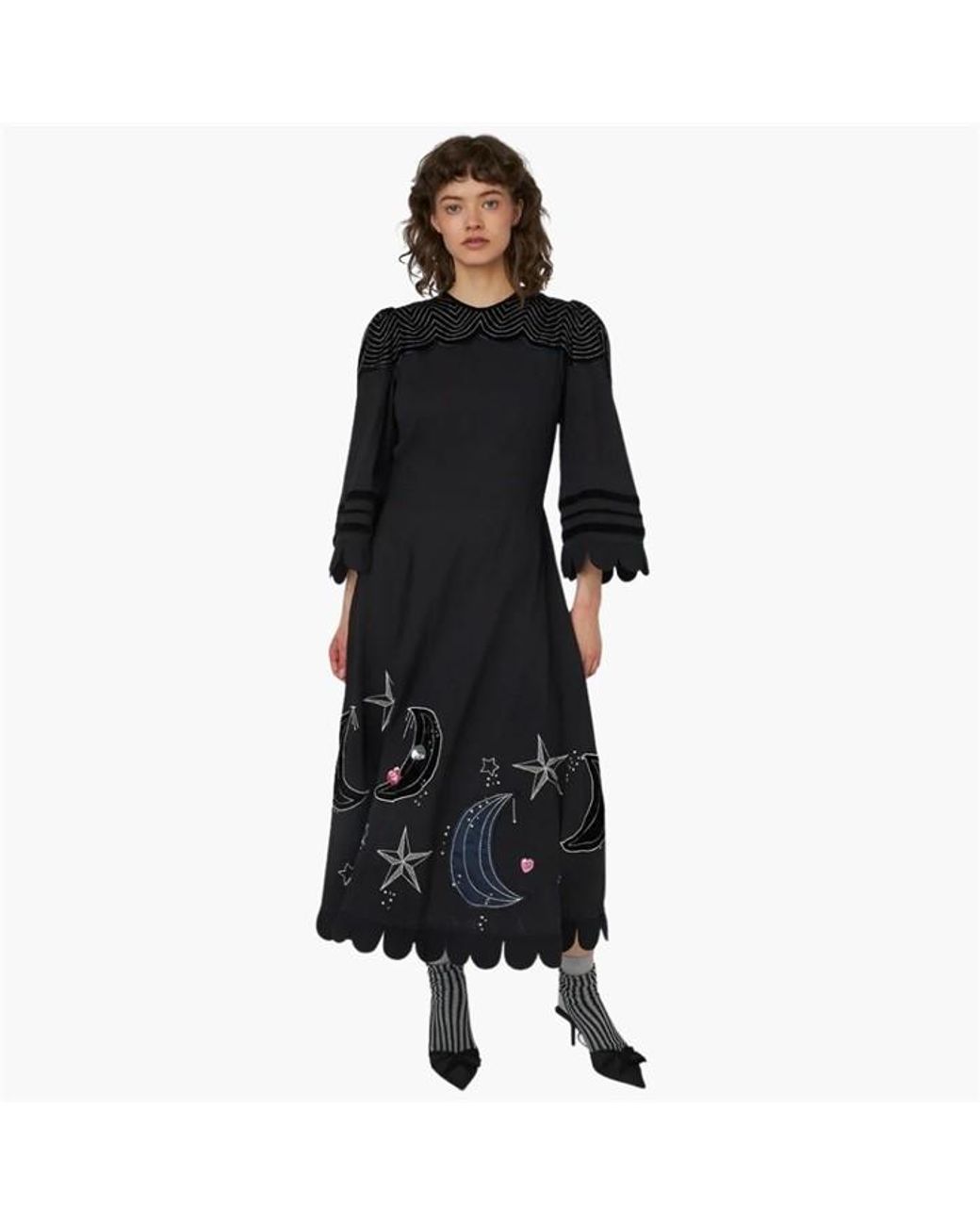 Stella Nova Black Moon And Star Embroidered Midi Dress
