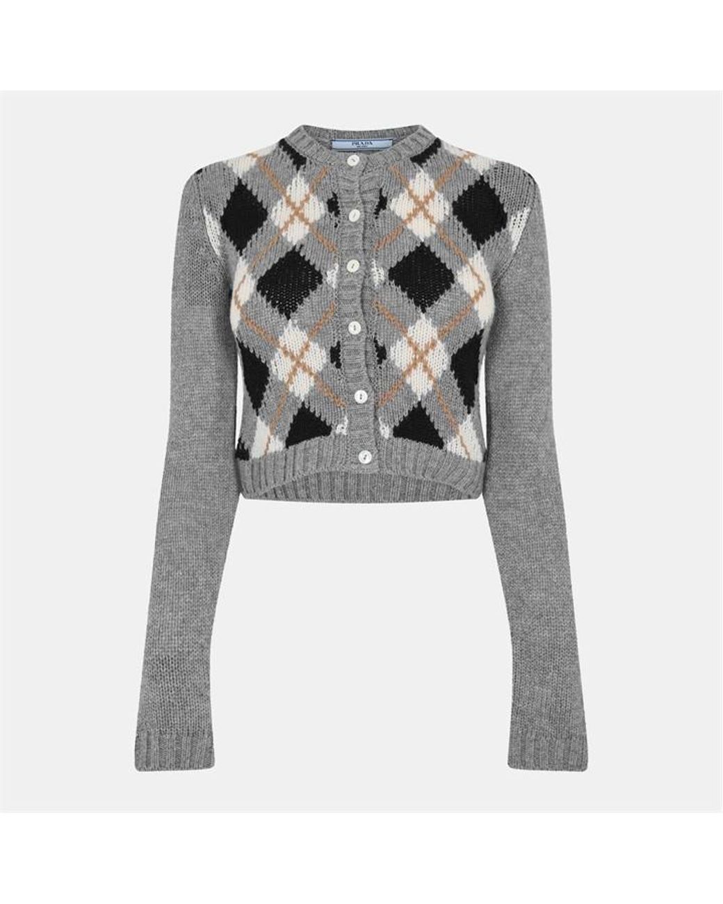 Prada Gray Argyle Fine Knit Cardigan