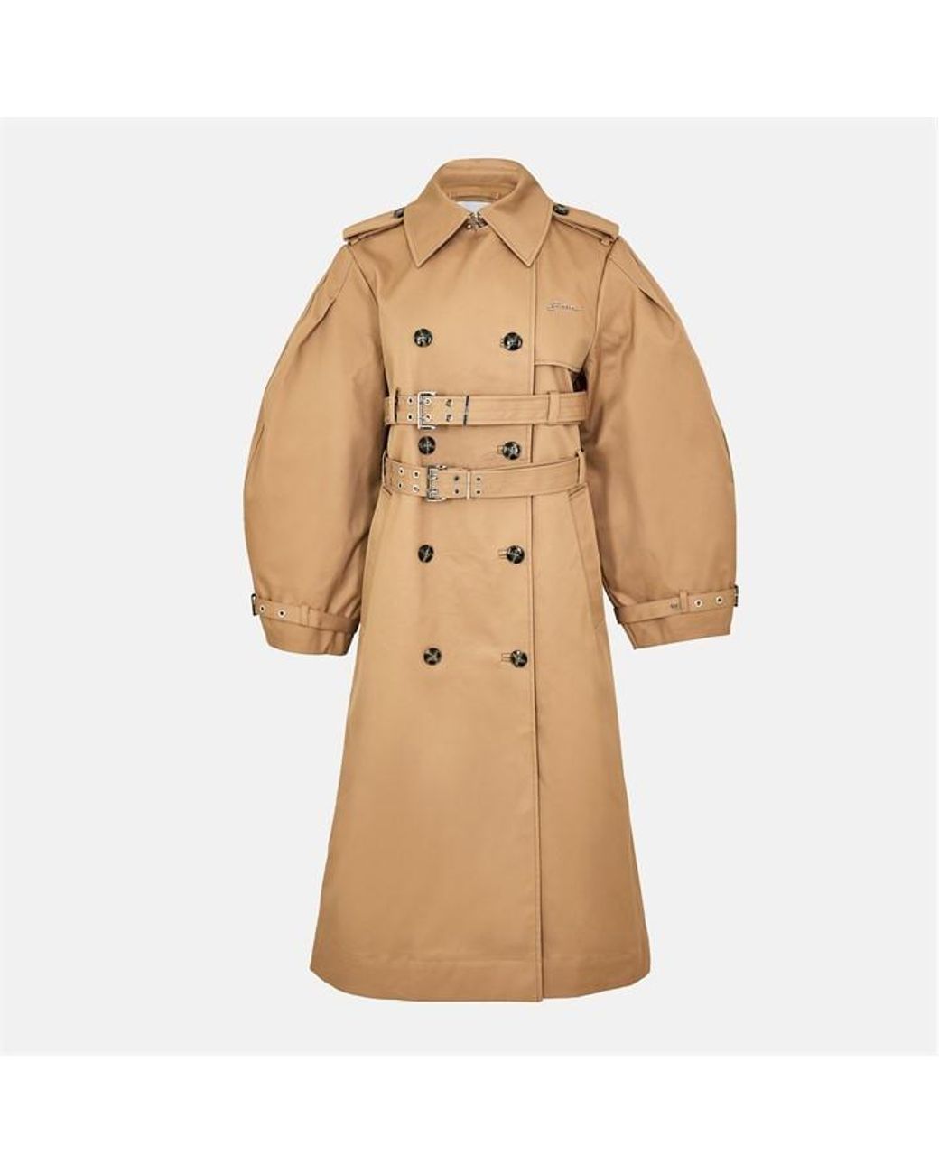 Ganni Natural Cotton Balloon Sleeve Buckled Trench Coat