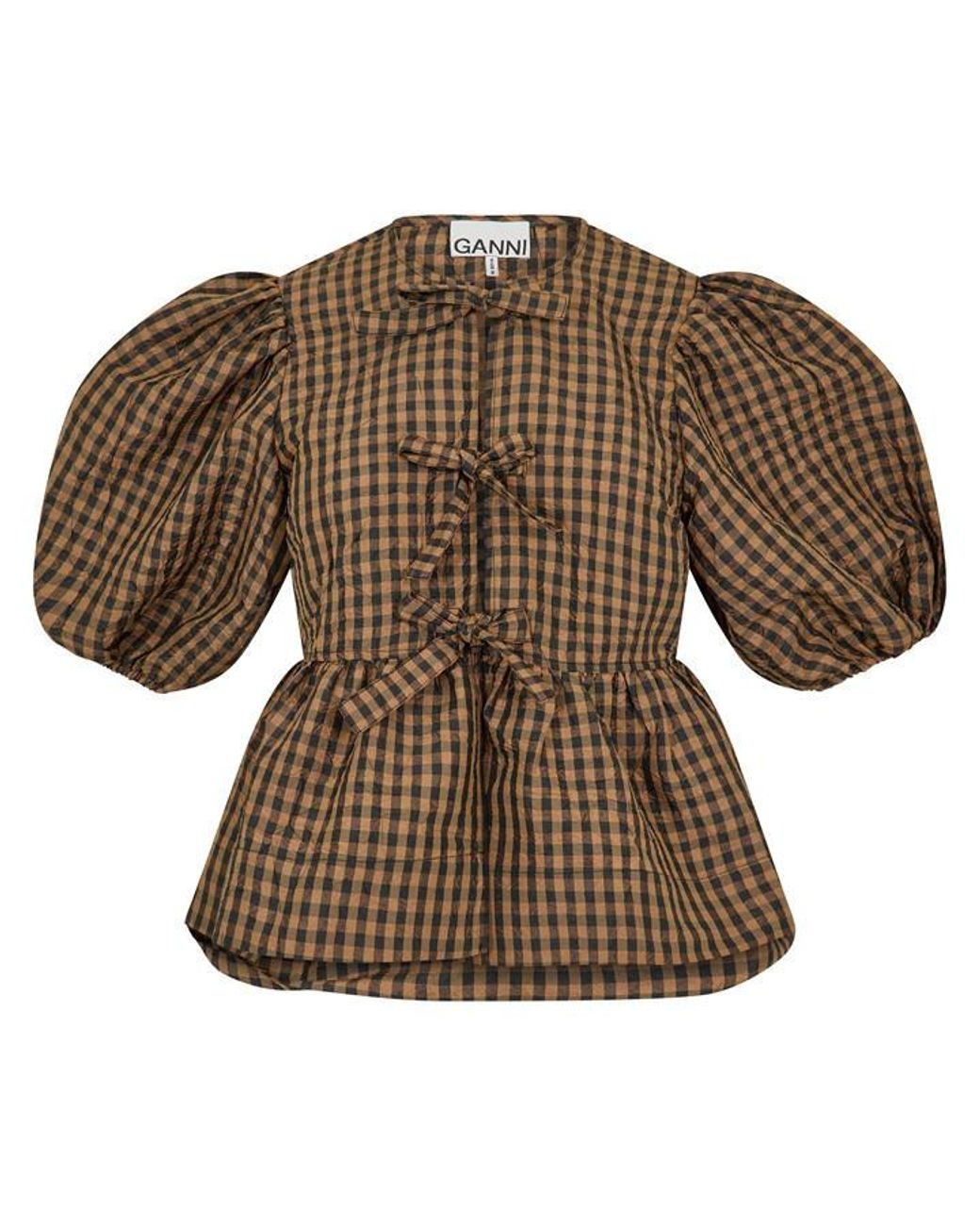 Ganni Brown Crinkle Peplum Blouse