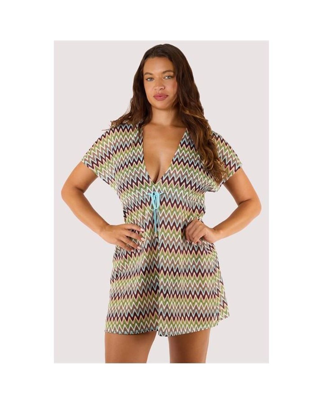 Wolf & Whistle Brown Kalahari Khaki Zig Zag Crochet Beach Kaftan