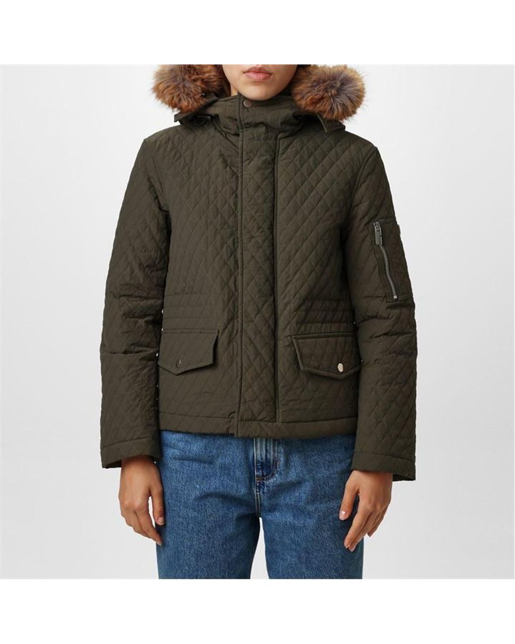 Burberry Green Equestrian Knight Detachable Faux-Fur Trim Hooded Long Sleeve Quilted Jacket