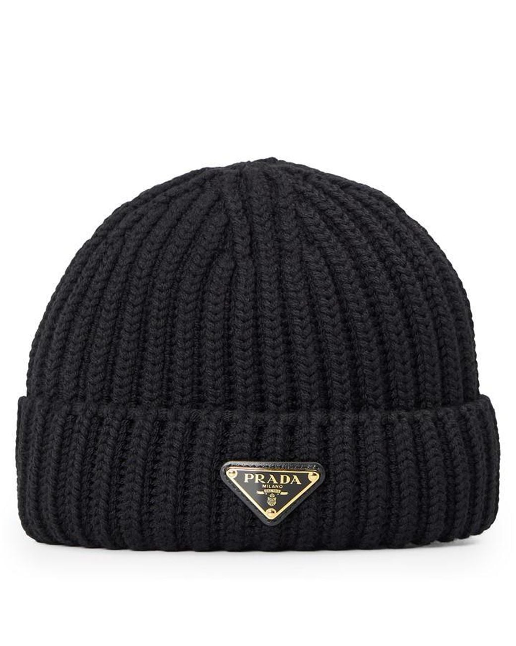Prada Black Logo Fine-Knit Beanie