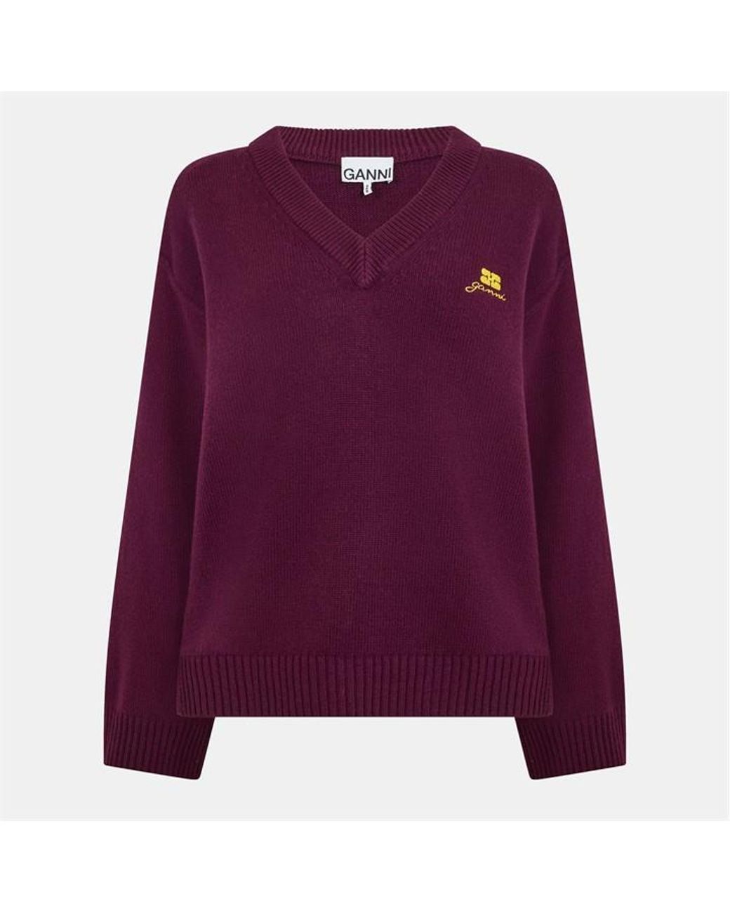 Ganni Purple Wool Mix V-Neck Jumper