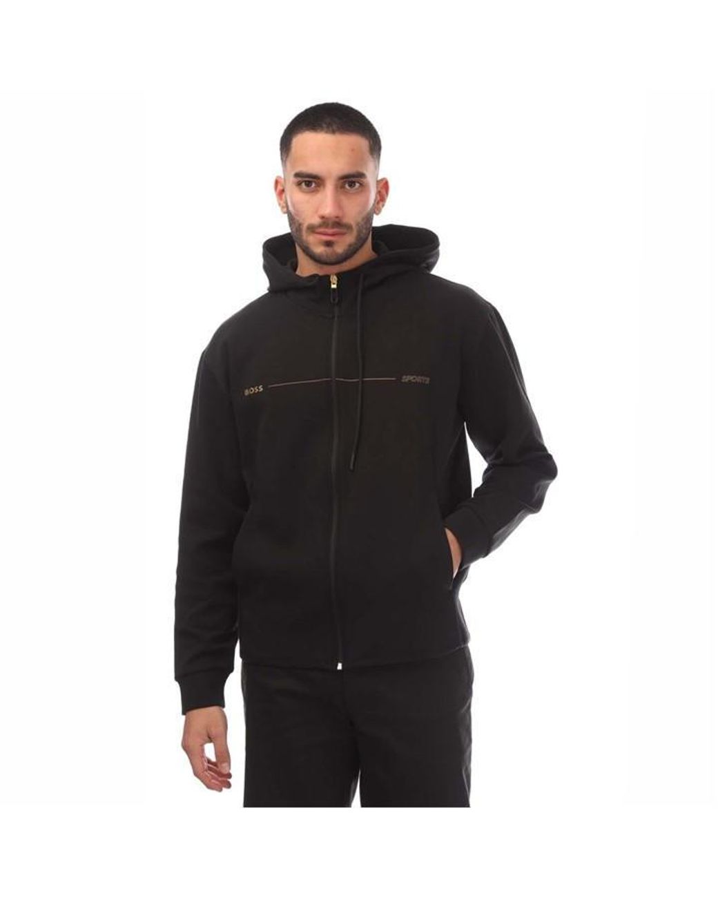 Boss Black Printed Artwork Zip-Up Hoodie for men