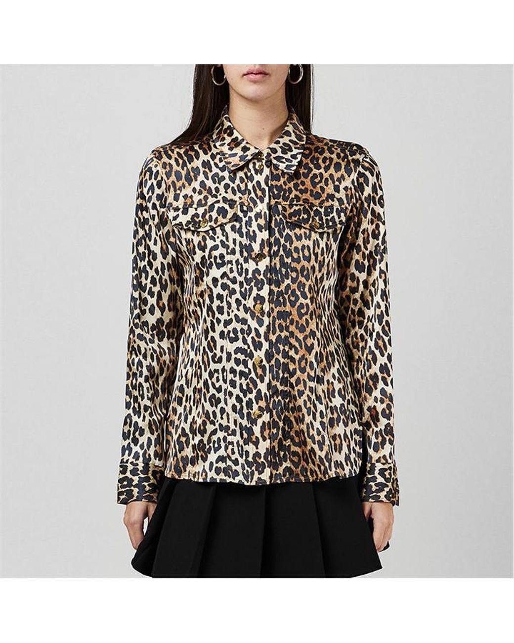 Ganni Black Leopard Satin Long Sleeve Shirt