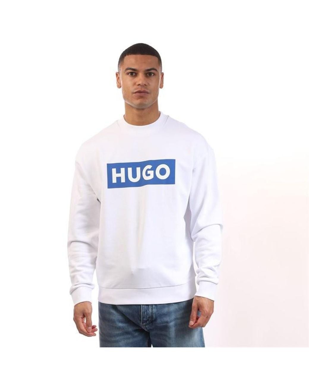 HUGO White Niero Logo Print Crewneck Sweatshirt for men