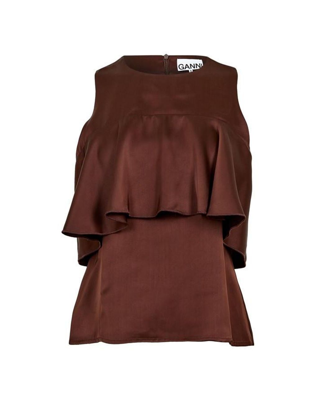 Ganni Brown Satin Ruffle Short Sleeve Blouse