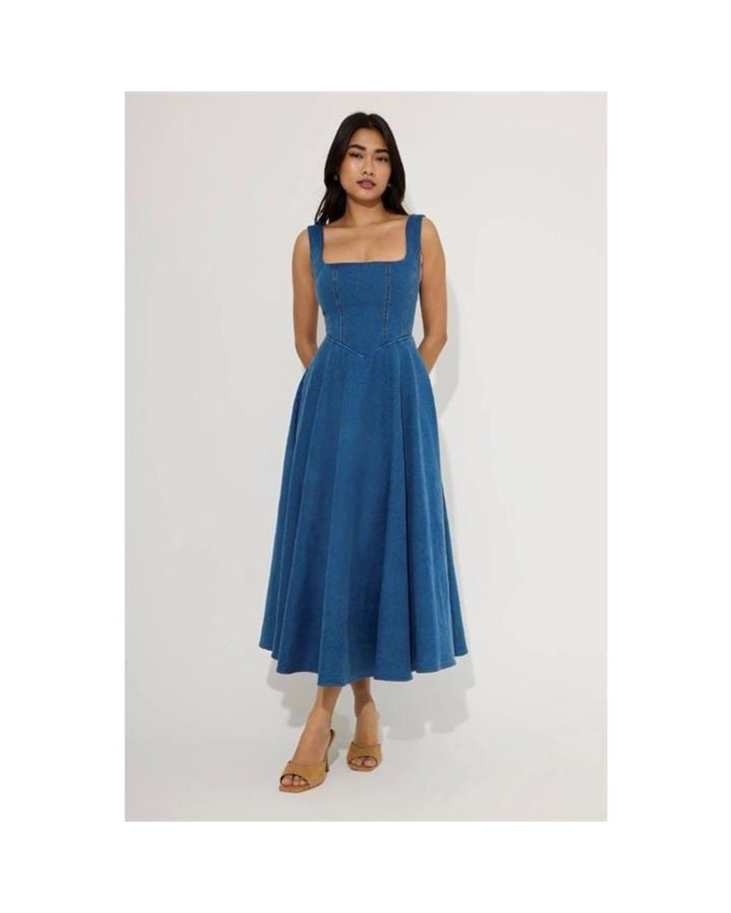 Odd Muse Blue Sq Neck Midi Long Maxi Dress