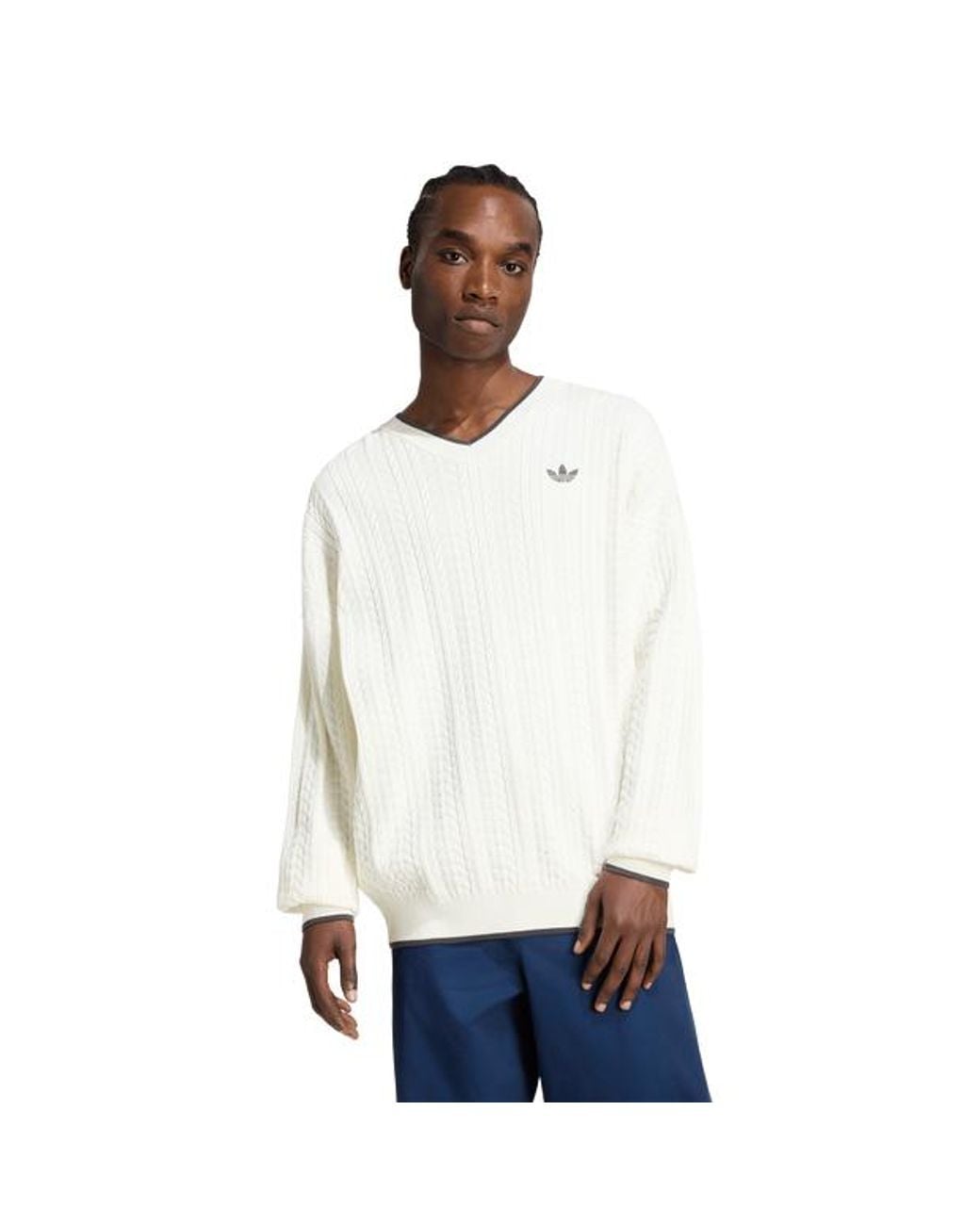 Adidas White Cable Knit V-Neck Sweatshirt Sweatshirts for men