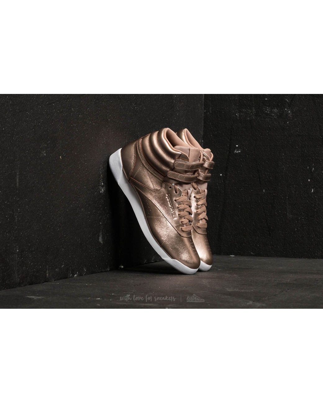 Reebok Leather Freestyle Hi Metallic Trainers Rose Gold/white/silver Peony  | Lyst