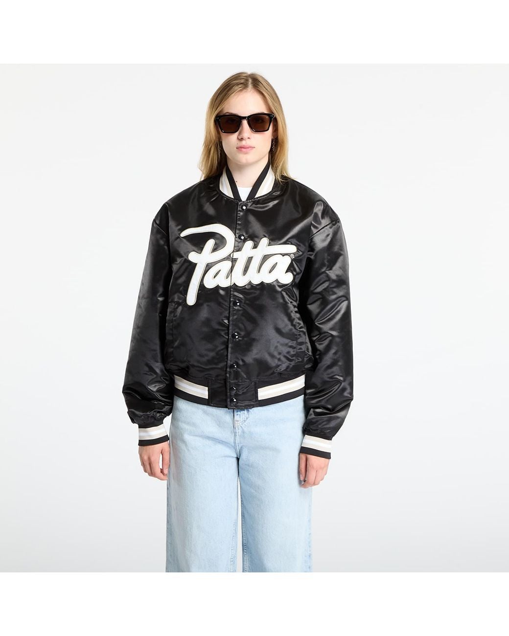 PATTA Jacket Script Logo Satin Varsity Jacket in Black | Lyst