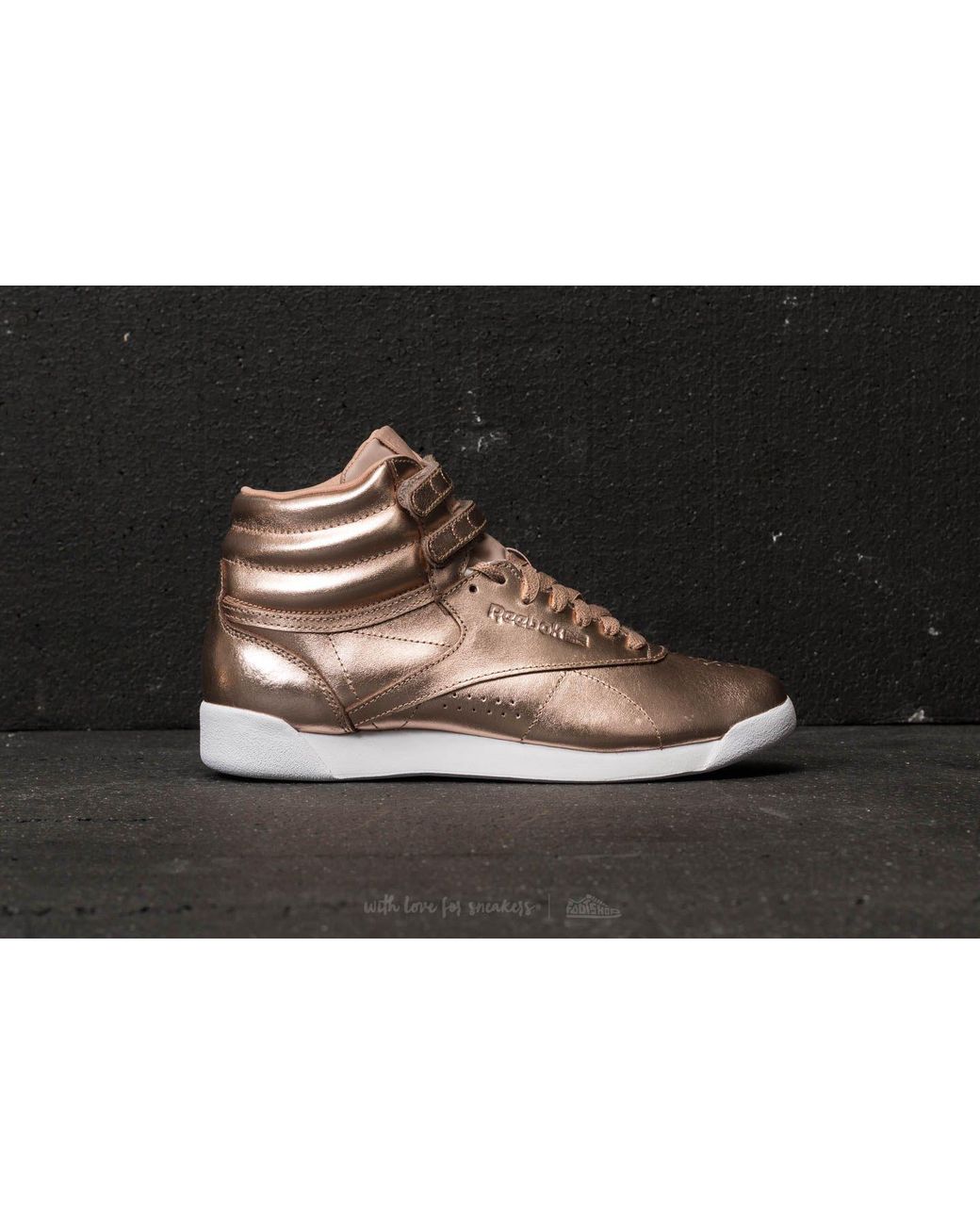 Reebok Freestyle Hi Metallic Trainers Rose Gold/white/silver Peony | Lyst