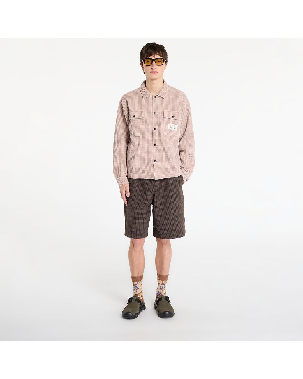 Brain Dead Pink Shirt Waffle Button Front Shirt for men