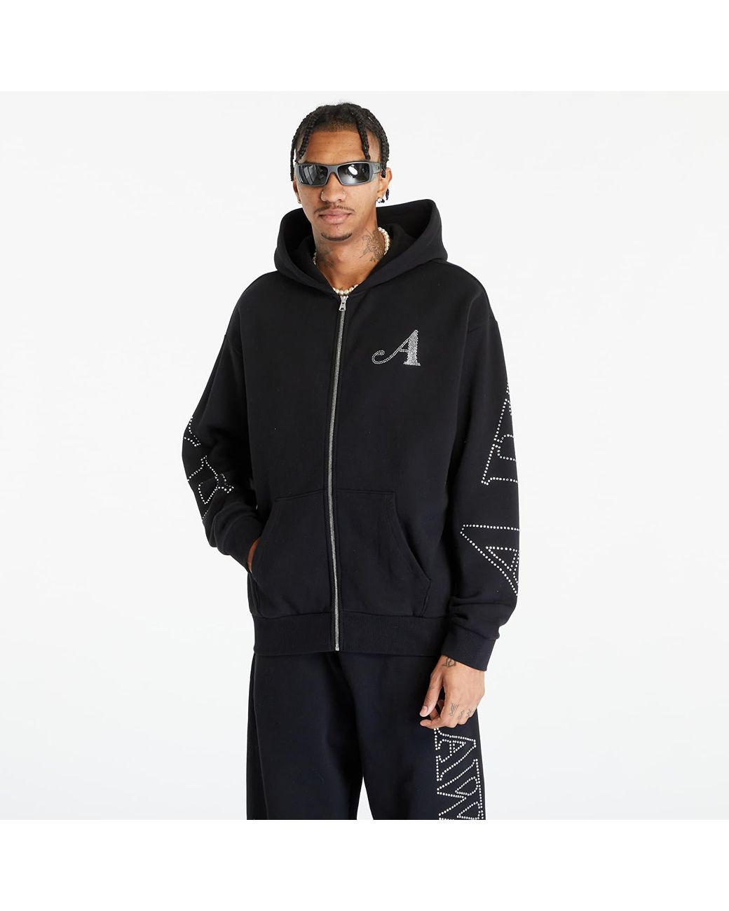 AWAKE NY Rhinestone Serif Zip Up Hoodie Washed in Black for