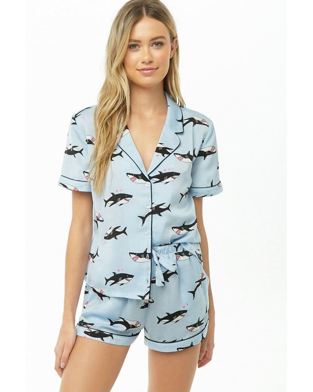 Forever 21 Satin Shark Graphic Shirt & Shorts Pajama Set , Blue/multi | Lyst