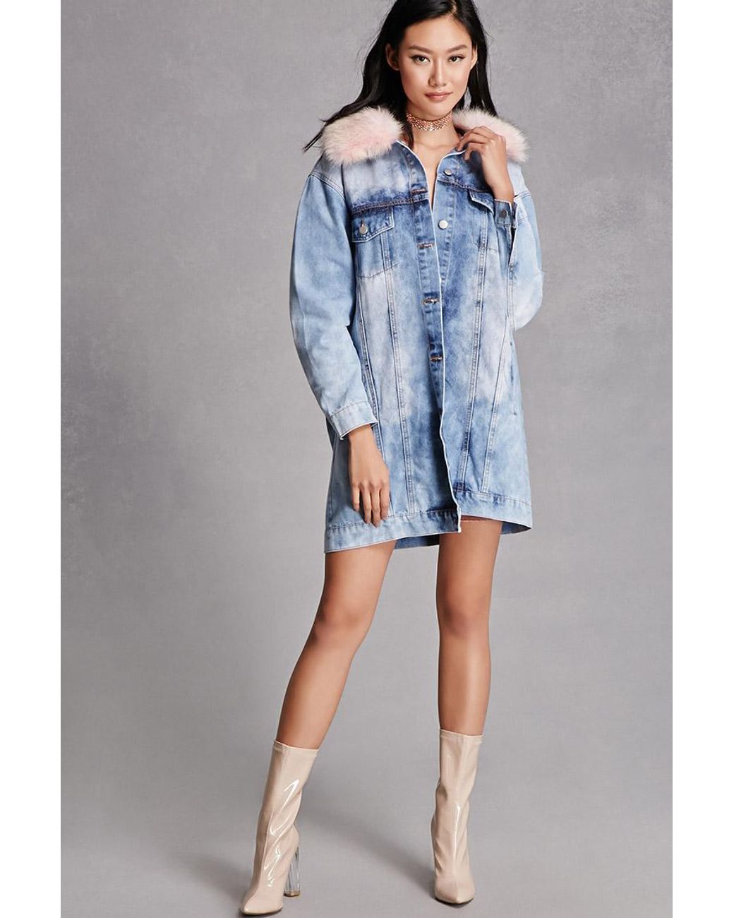 Faux Fur Trim Denim Jacket in Pink 