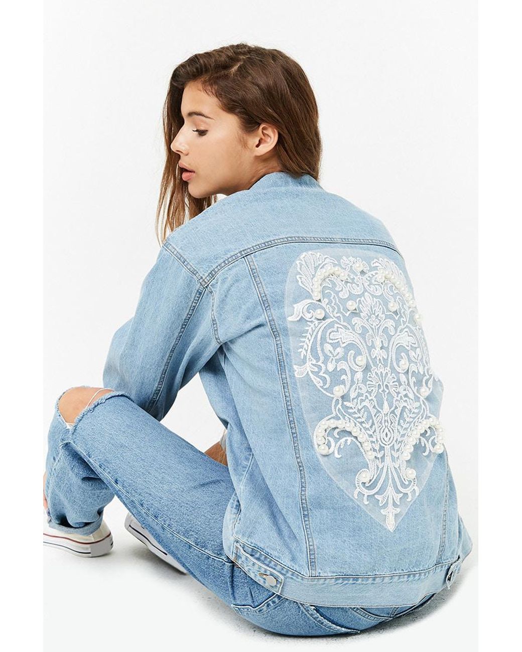 Forever 21 Faux Pearl Denim Jacket in 
