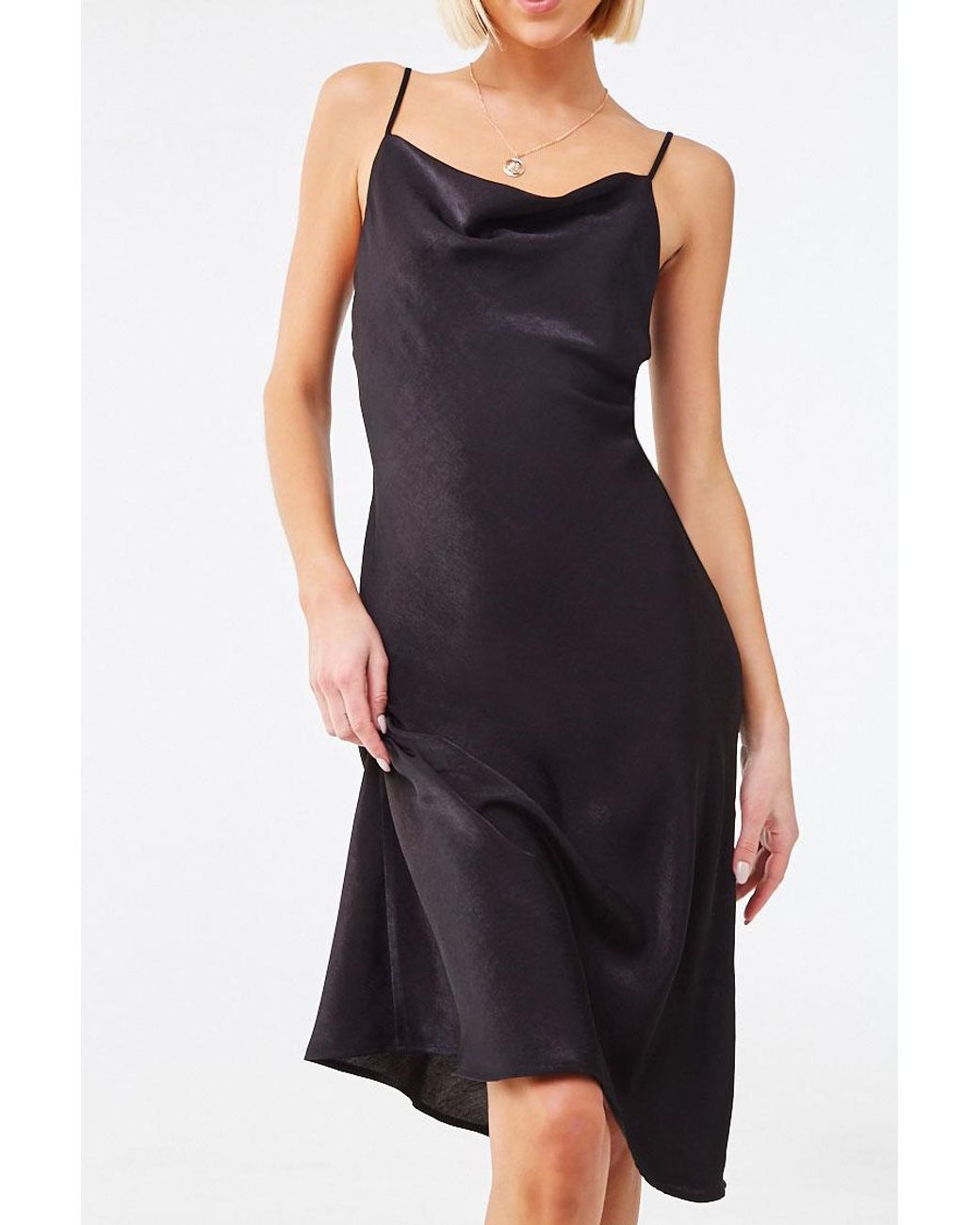 black cowl neck slip dress