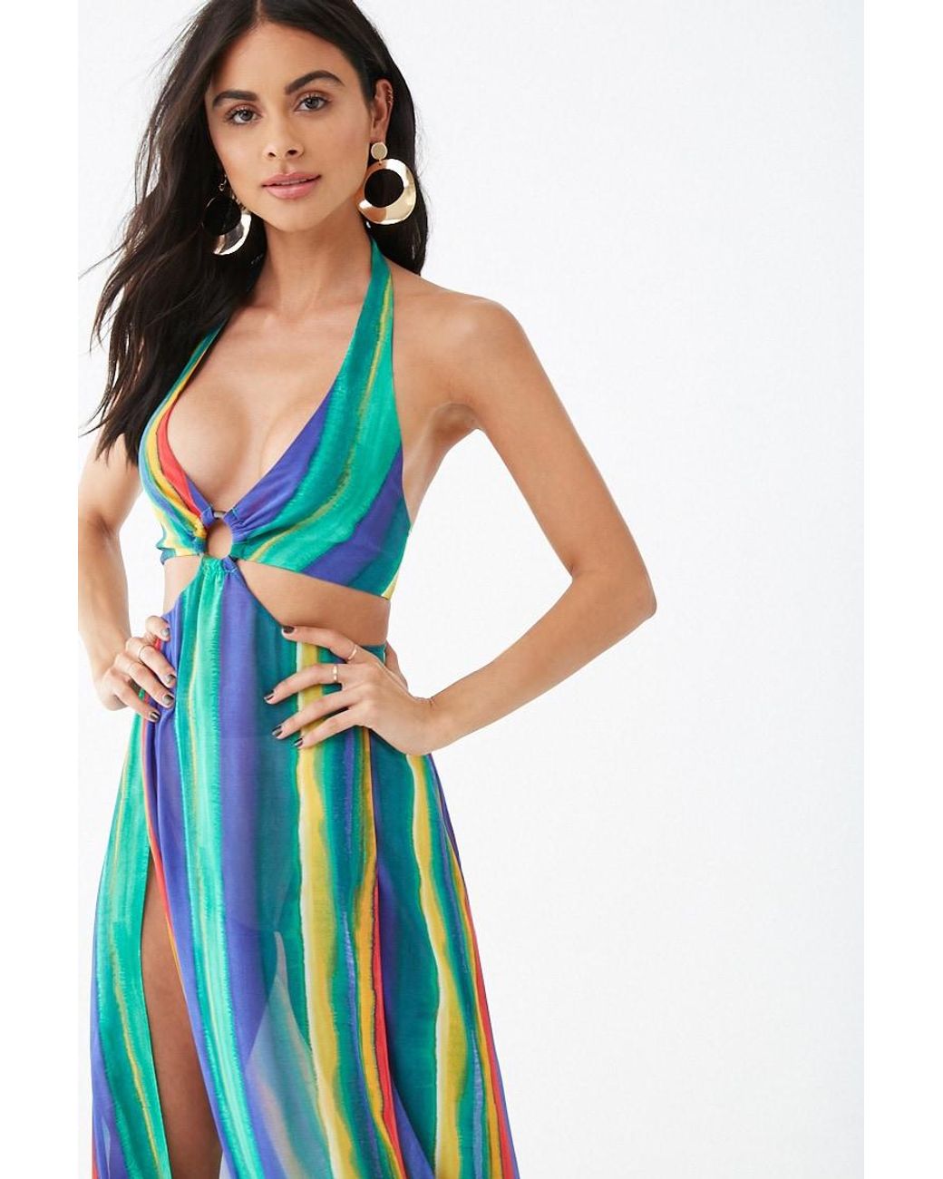Forever 21 Chiffon O Ring Halter Maxi Dress Royal Multi In Blue Lyst Canada