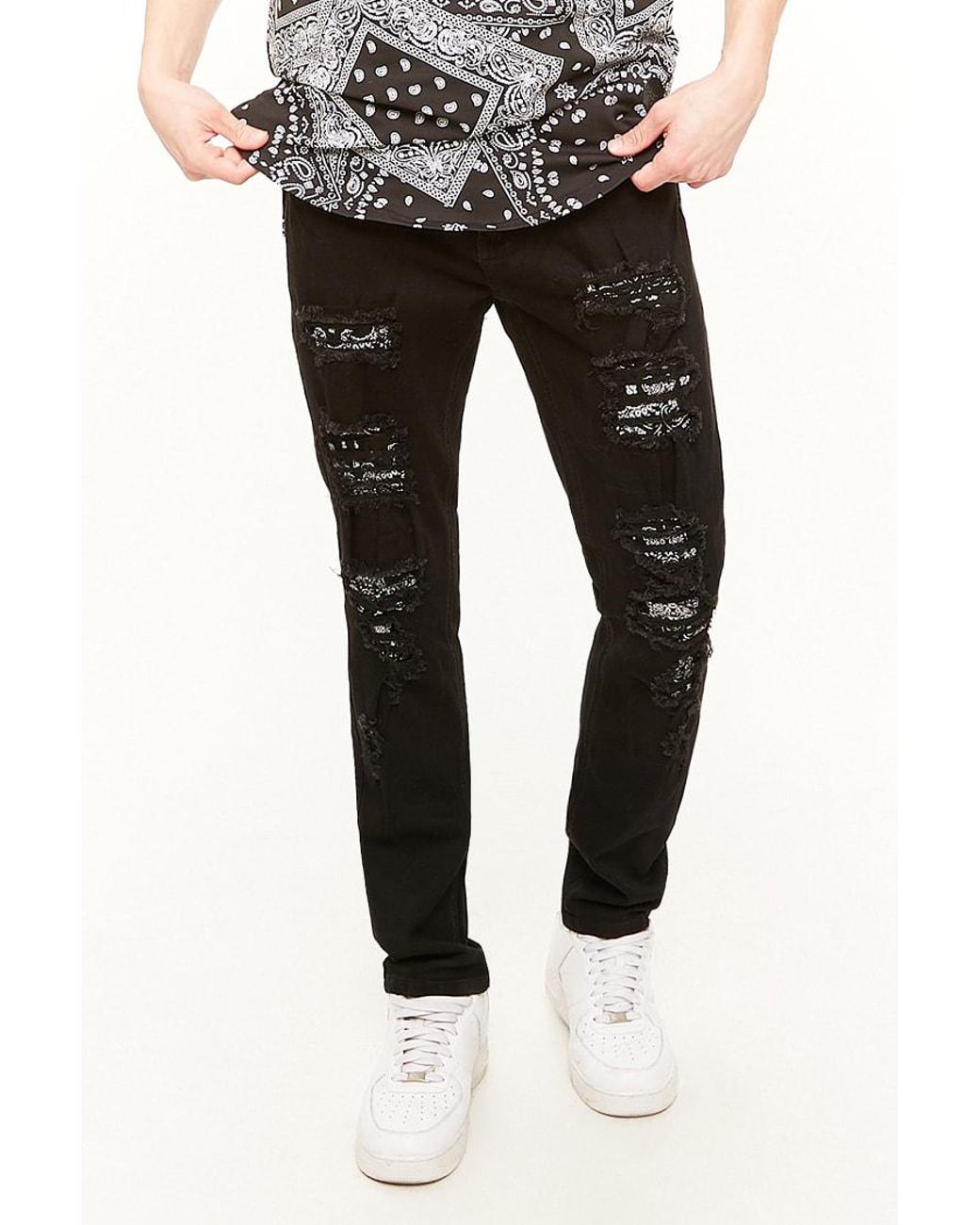 Forever 21 Denim Victorious Bandana Patch Distressed Jeans in Black for Men  | Lyst