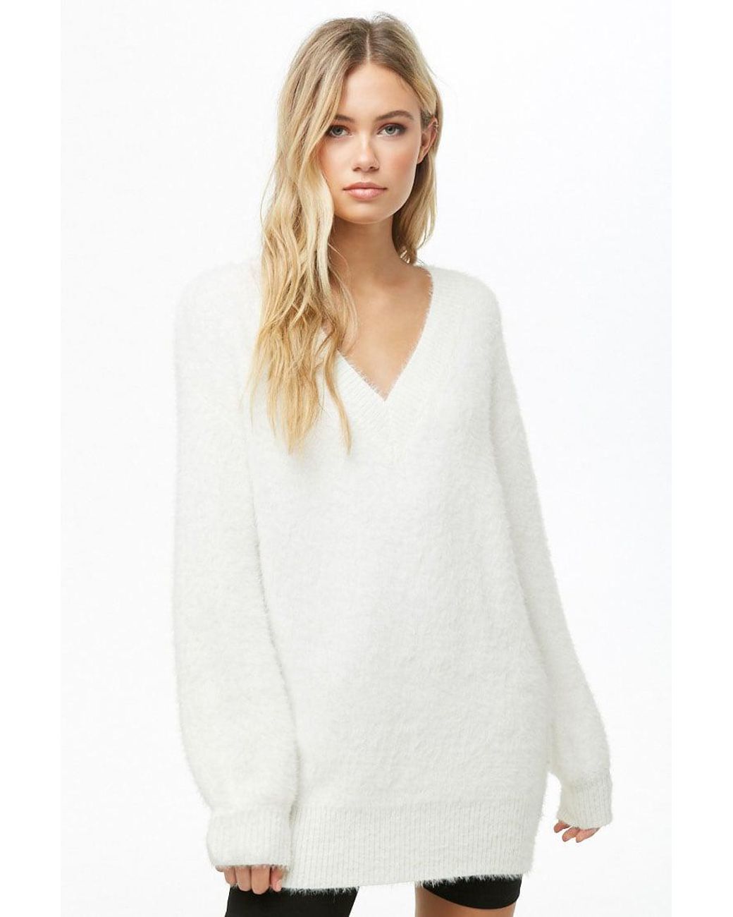 Synthetic Fuzzy Sweater Dress in Ivory 