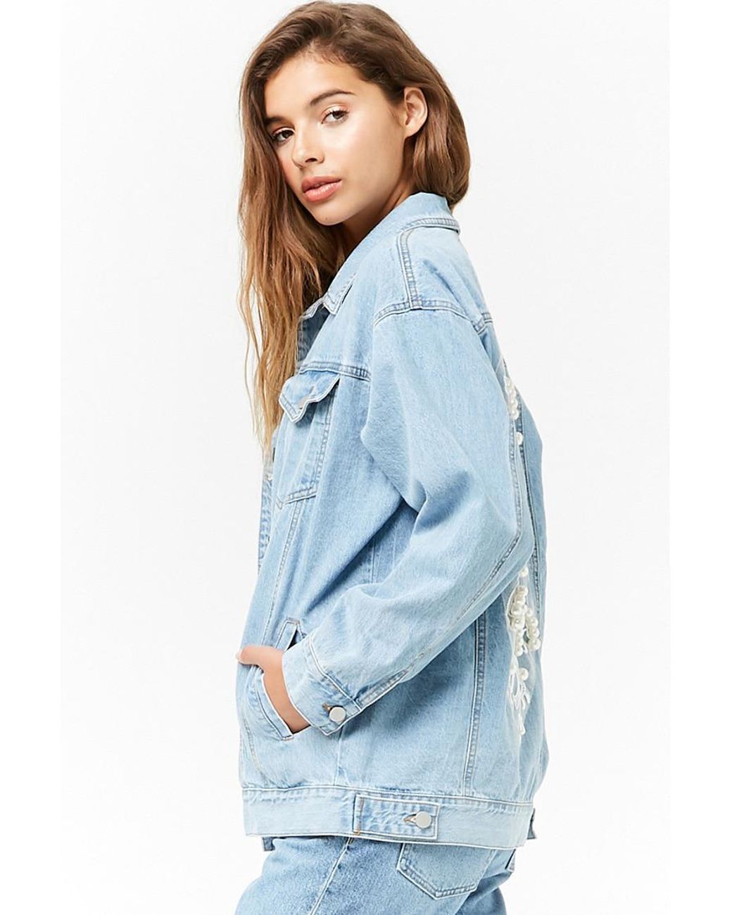 Forever 21 Faux Pearl Denim Jacket in 