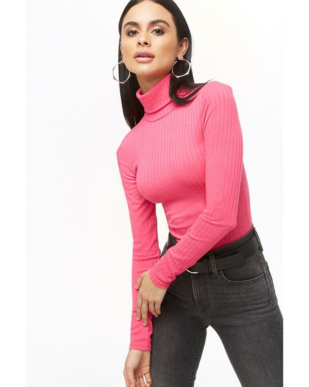 Ribbed Turtleneck Top in Hot Pink 