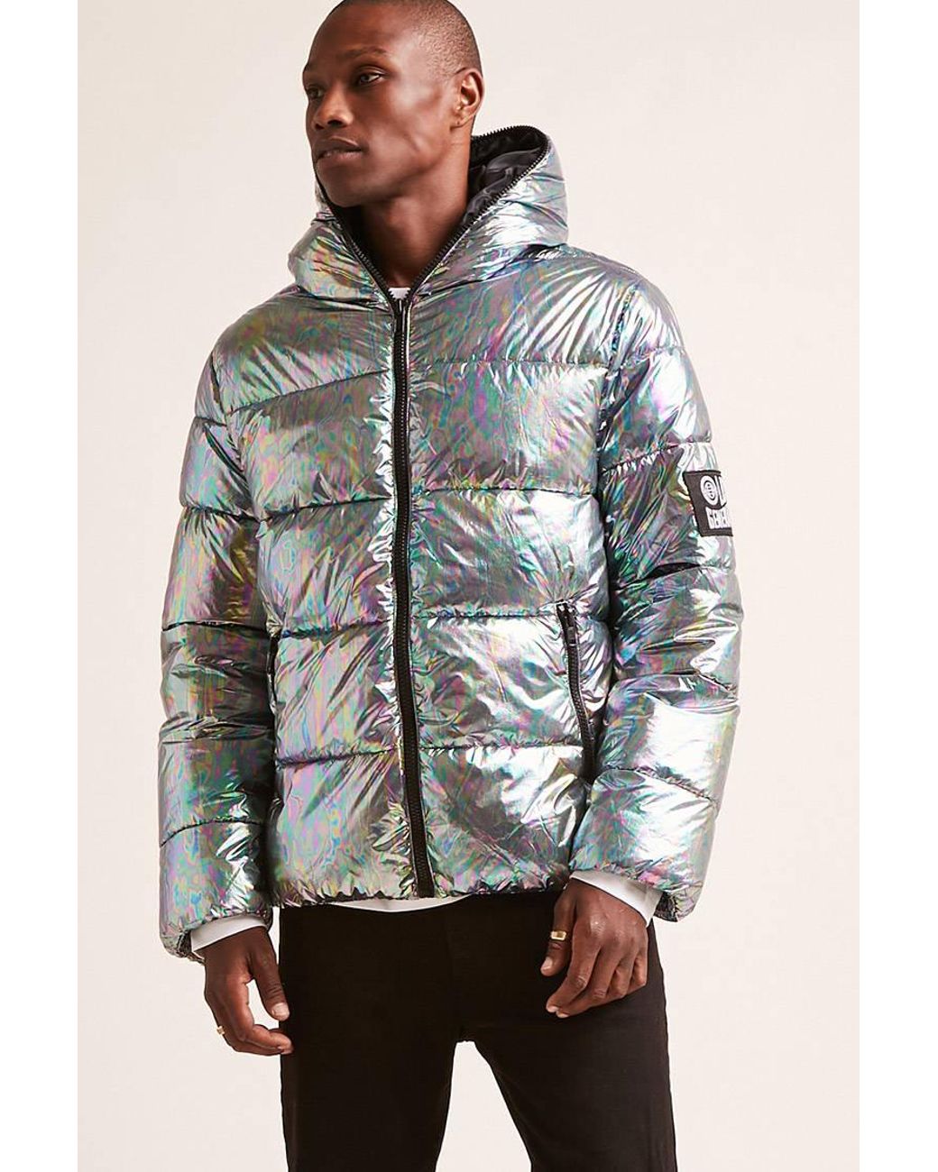 Forever 21 Synthetic Hooded Iridescent Puffer Jacket in Green/Black (Green)  for Men | Lyst