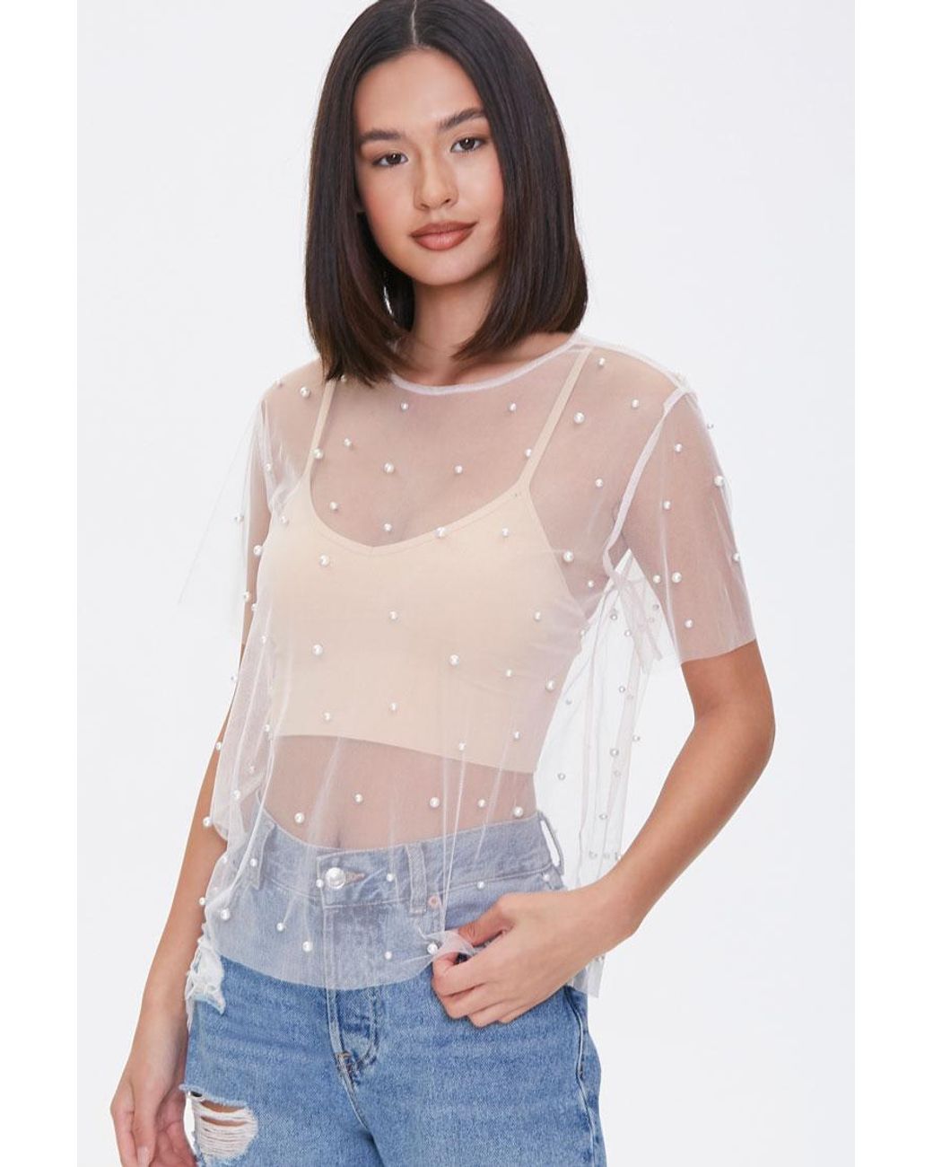 white pearl mesh top