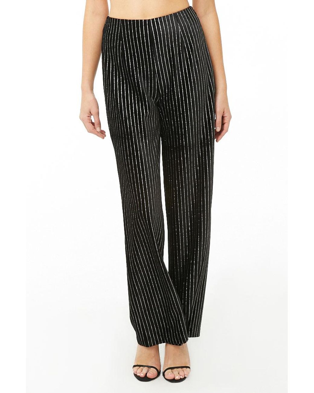 Metallic Striped Pants in Black,Silver 