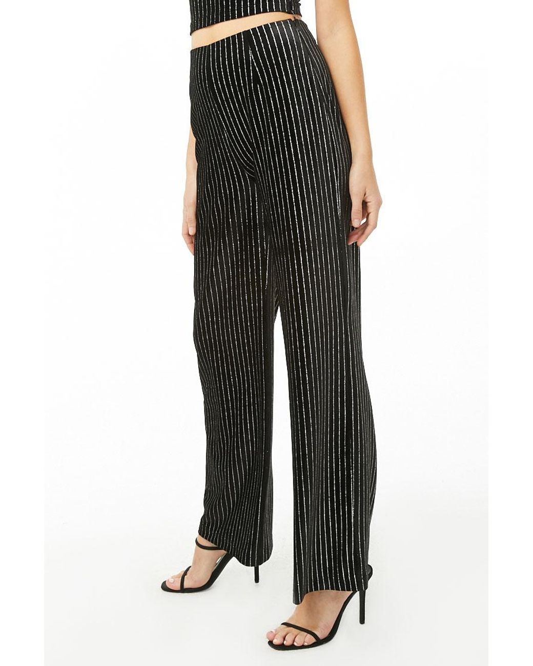 Metallic Striped Pants in Black,Silver 