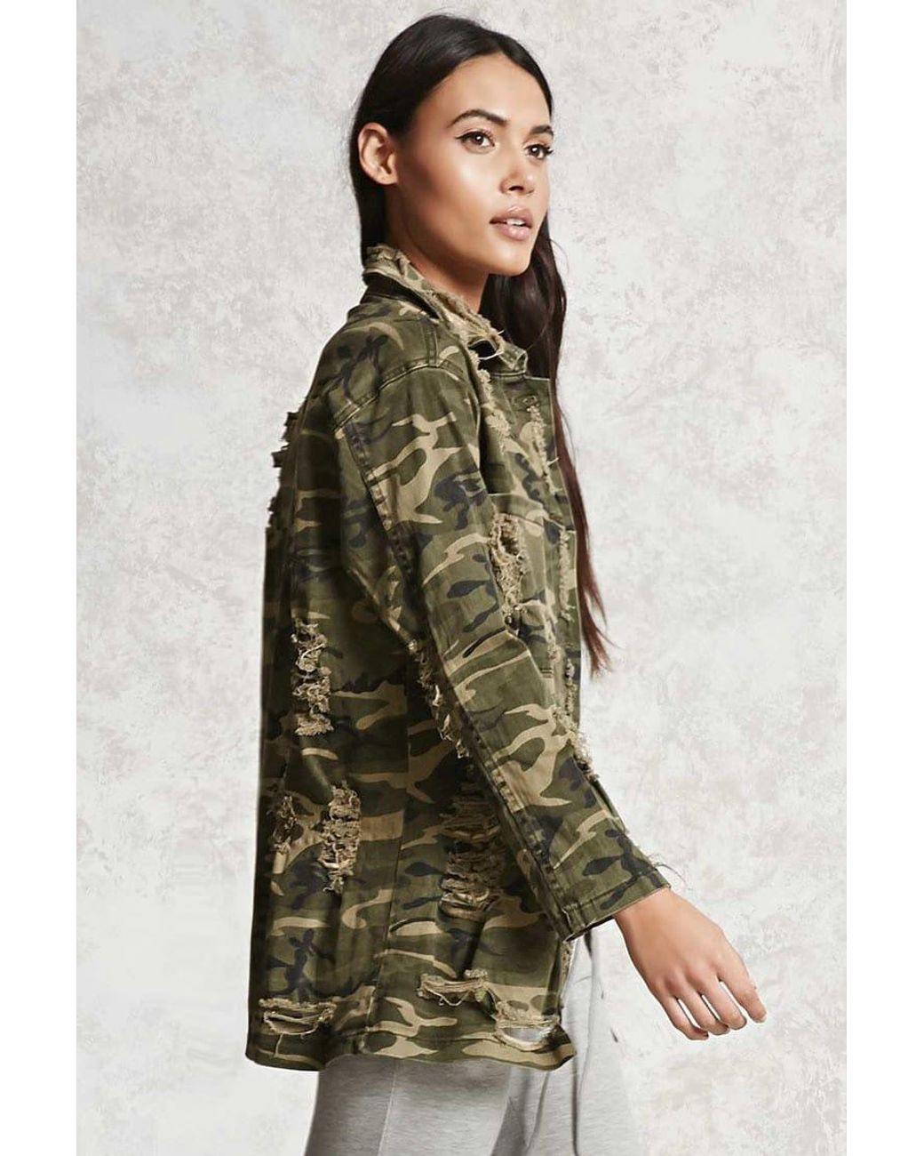 Forever 21 Distressed Camo Denim Jacket 