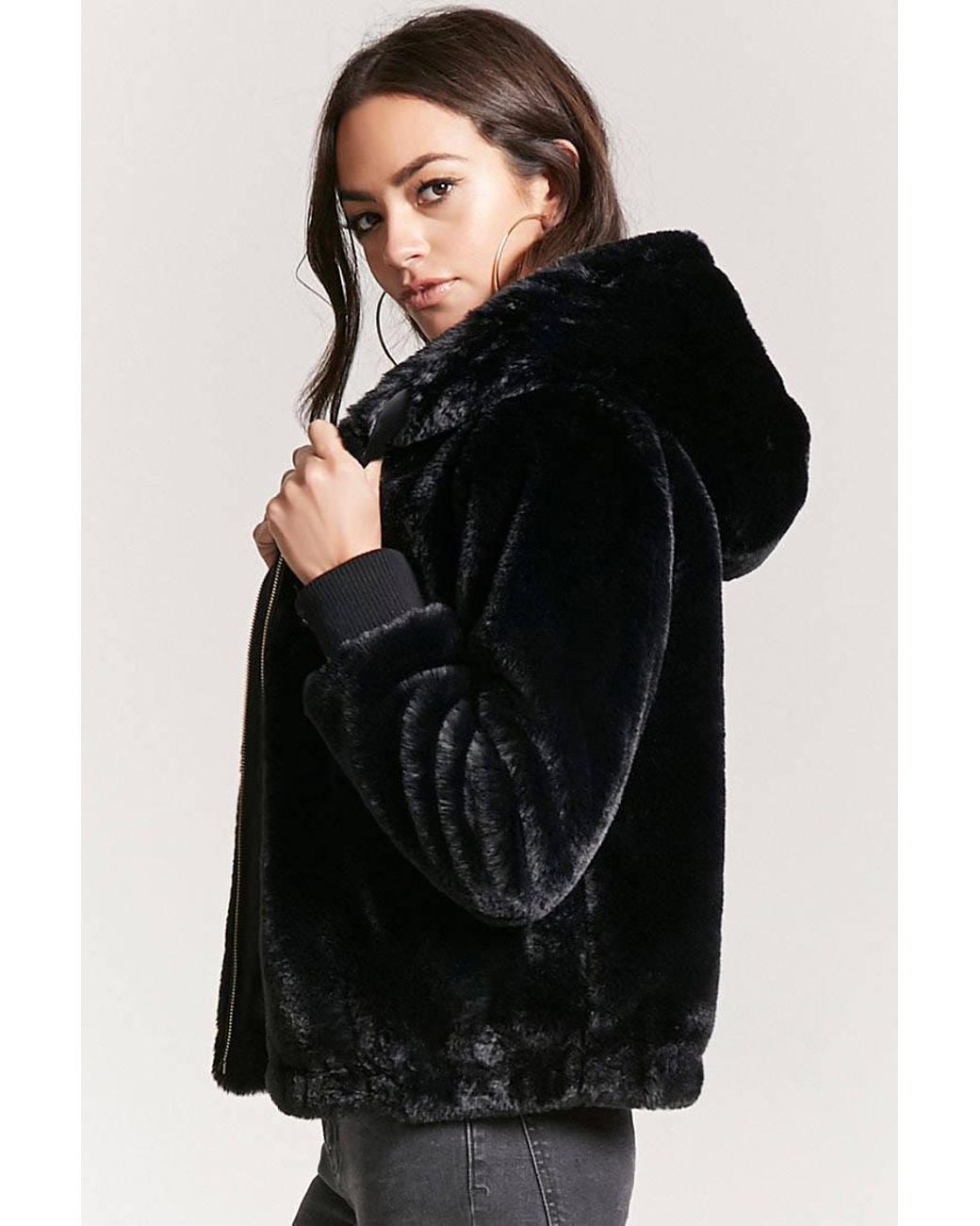 Forever 21 Faux Fur Zip-up Hoodie in 