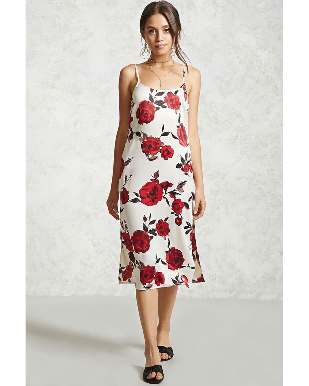 Forever 21 Satin Rose Print Slip Dress 