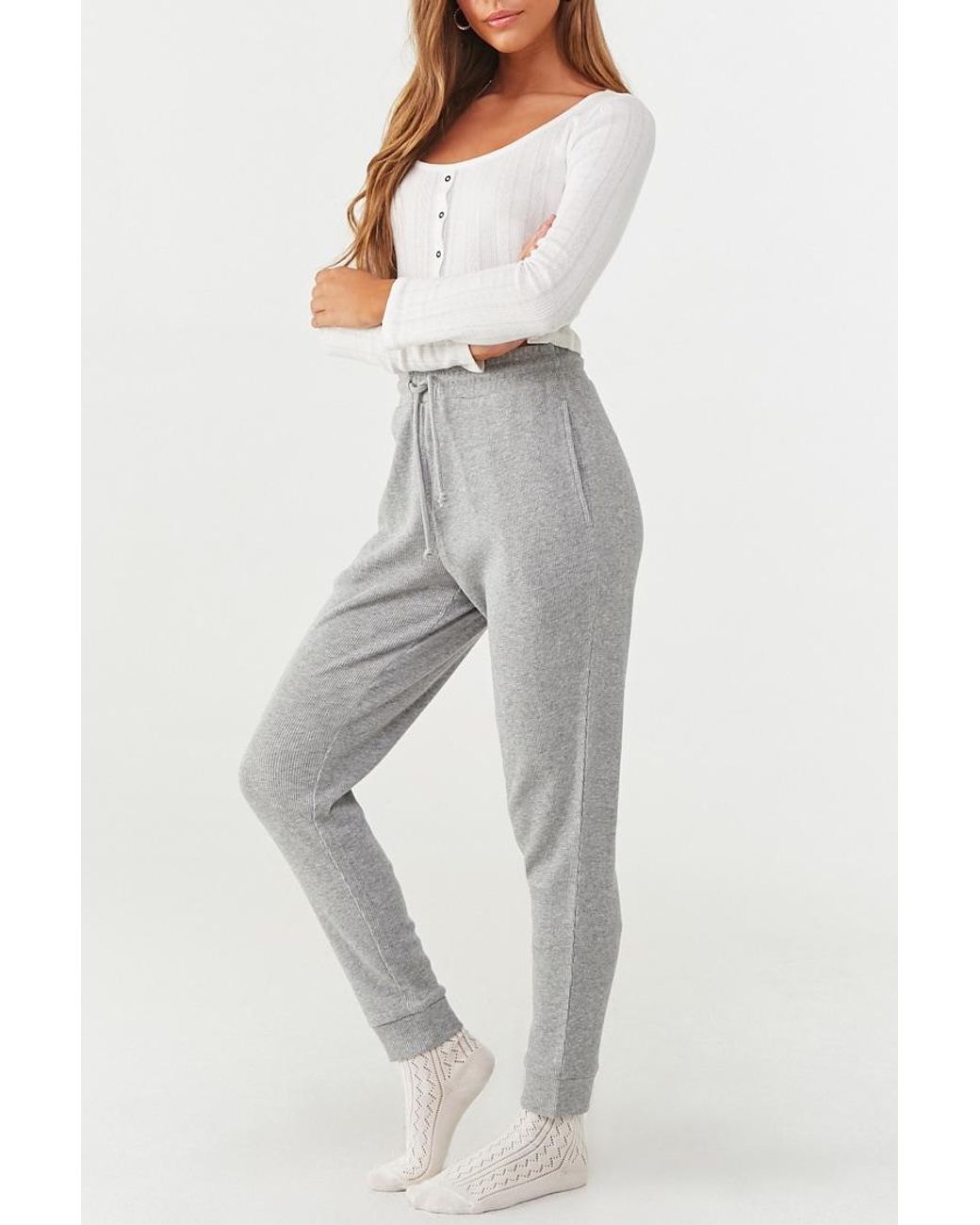 Forever 21 Cotton Waffle Knit Drawstring Joggers in Heather Grey (Gray