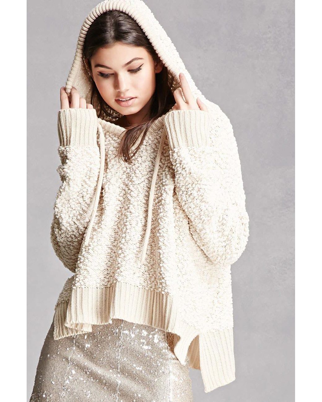 Hooded Popcorn Knit Sweater 