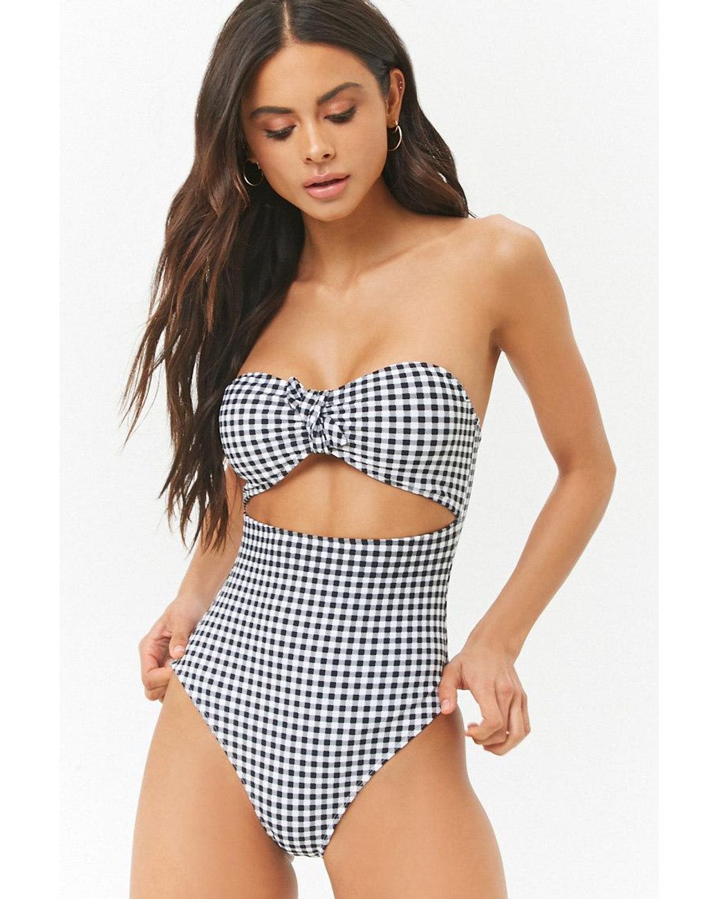 Forever 21 Synthetic Gingham Strapless One Piece Swimsuit In Black White Black Lyst Canada