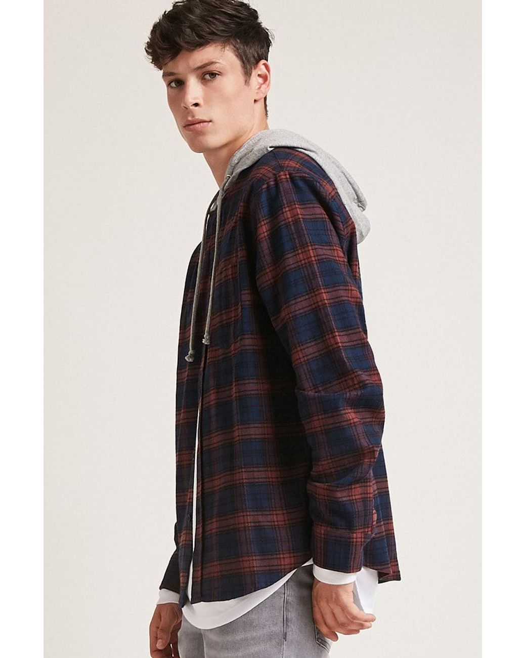 Forever 21 Plaid Flannel Hoodie in Blue 