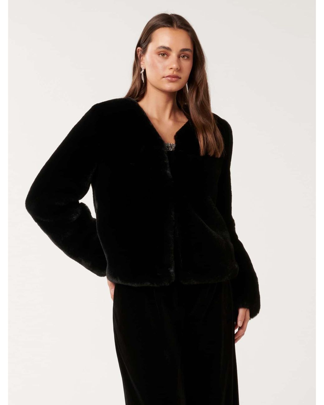 Forever New Black Lana Faux Fur Coat