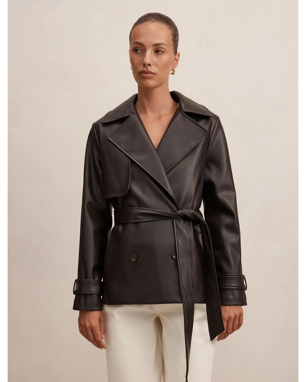 Forever New Black Payton Short Faux Leather Trench Coat