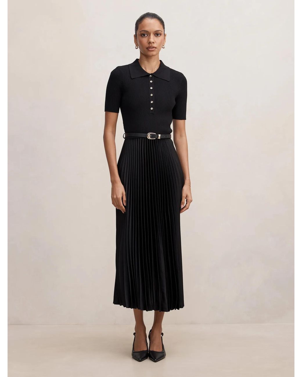 Forever New Black Priya Petite Satin Pleat Dress