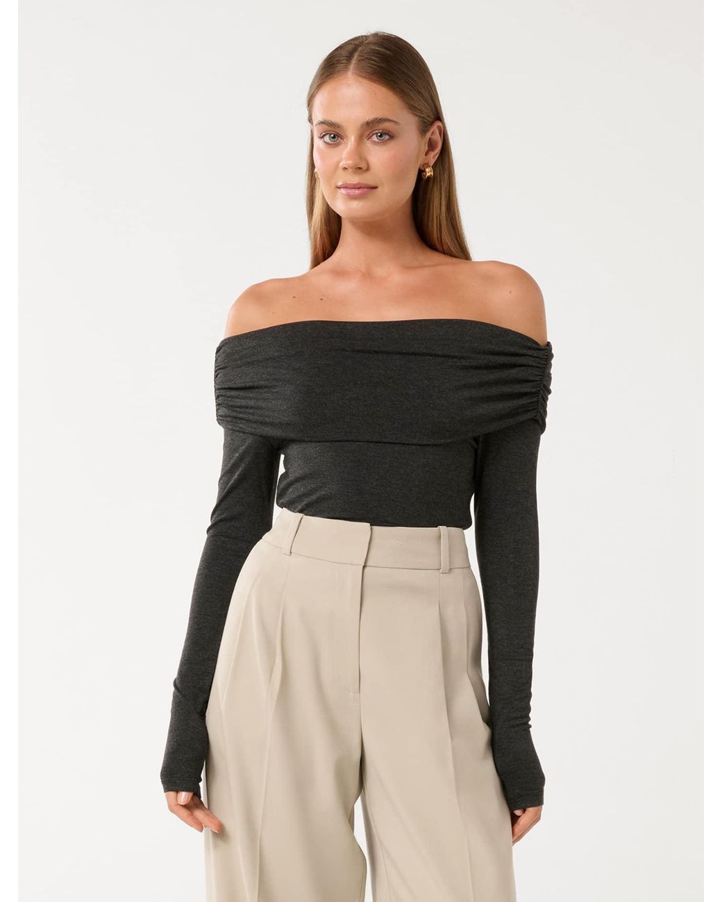 Forever New Black Kyla Ruched Bardot Top