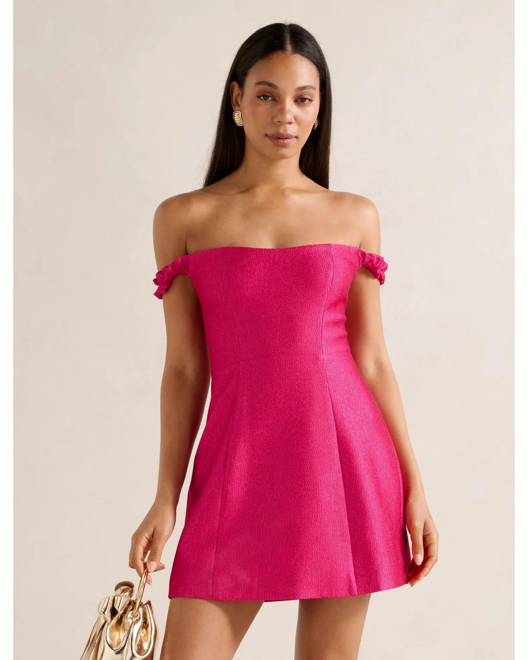 Forever New Pink Mandy Bardot Ruffle Mini Dress