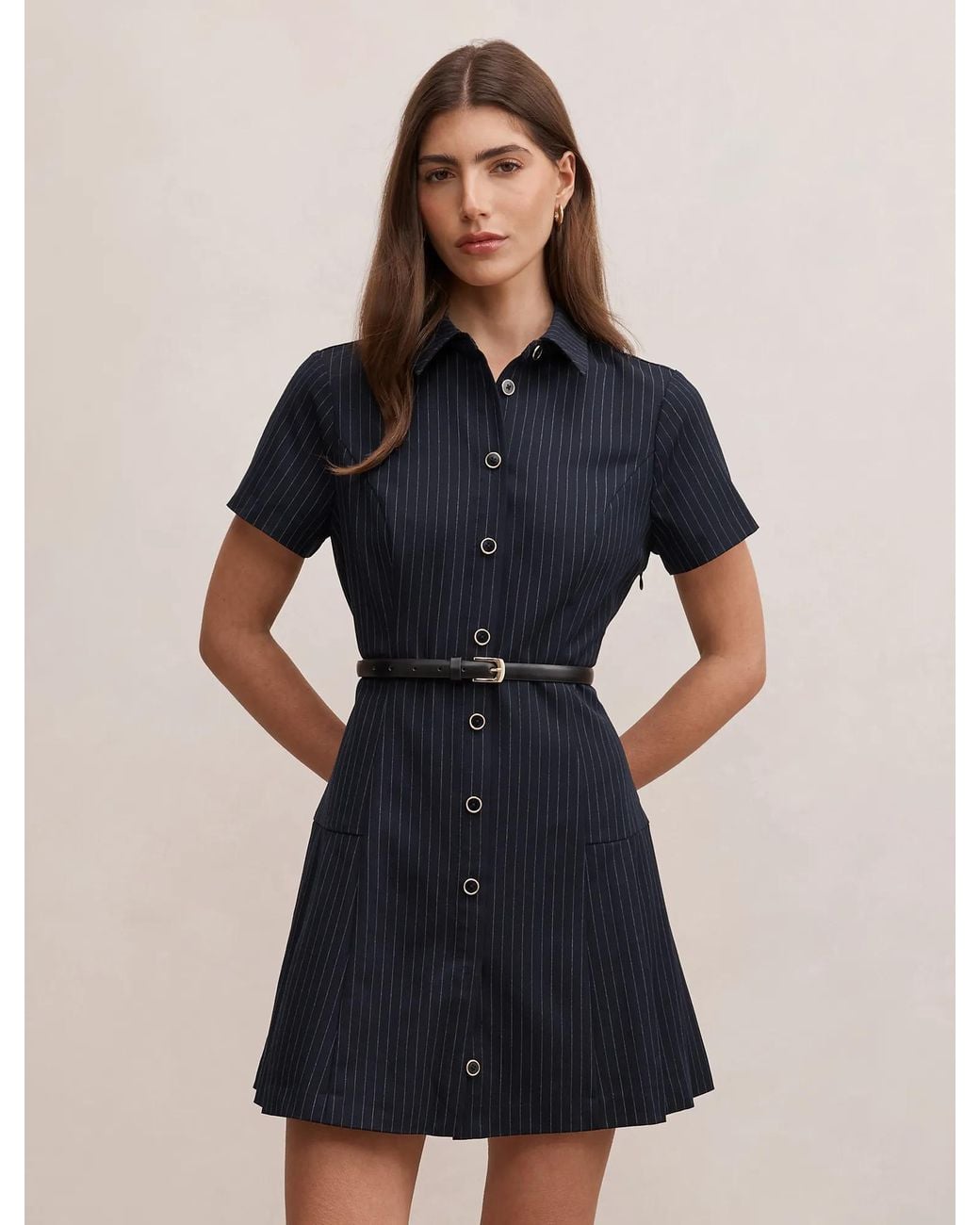 Forever New Blue Gigi Pleated Button Down Mini Dress